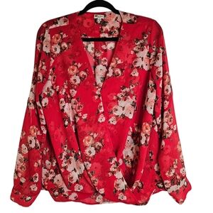 Kut From The Kloth Jenalee Red Floral Mock Wrap Blouse Roll Tab Sleeve Size LP